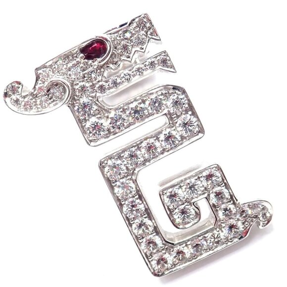 Authentic! Cartier Le Baiser Du Dragon 18k White Gold Diamond Ruby Pin Clip - Picture 2 of 8